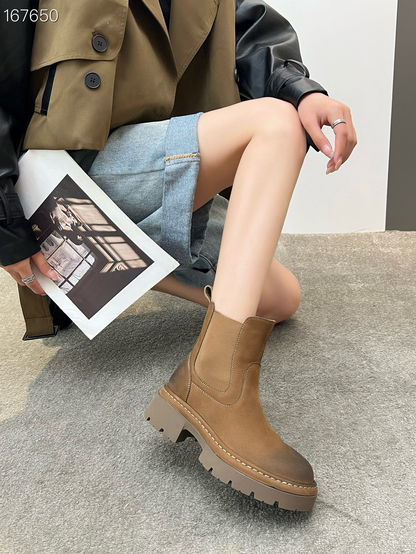Boot nữ da bò cổ thấp đế xuồng dày khóa kéo bên — Màu đen, Màu Kaki chi tiết 2