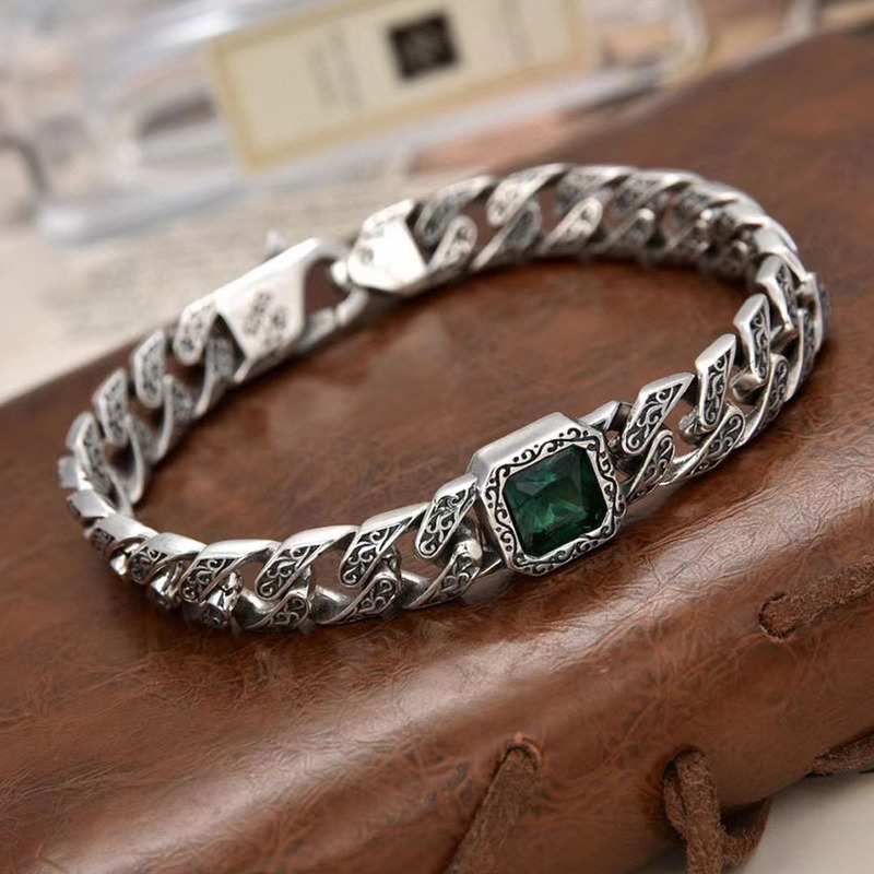 New Square Diamond Rattan Grass Bracelet Mediterranean Style Blue Green Zircon Fashion Cuban Chain Bracelet for Men