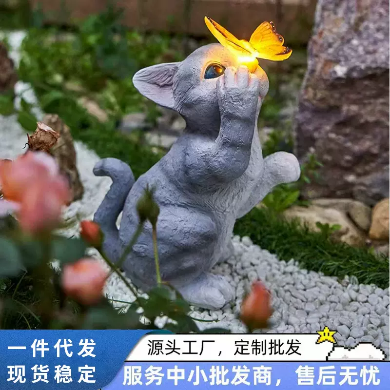 新款猫咪花园装饰摆件户外仿真太阳能灯动物树脂工艺品跨境新品