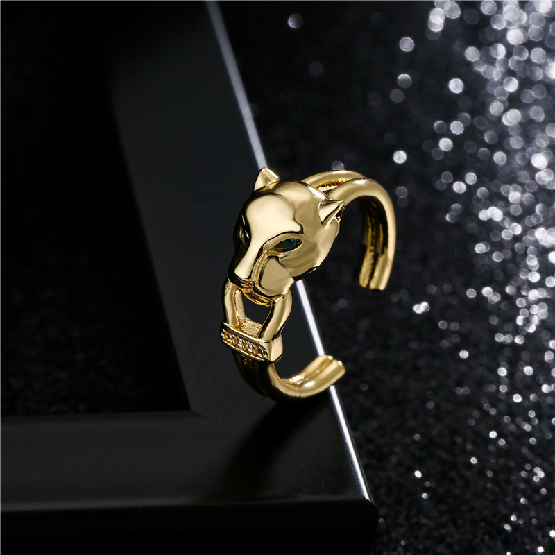 Aogu Cross-Border Supply Copper Plating 18K Gold Open Leopard Shape Ring Female Micro Inlaid Zircon 
