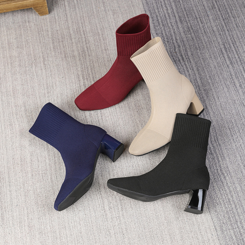 Japanese Style Princess Single Boots Elastic Chunky Heel Slim Boots Knitted Sock Boots Black Square Toe High Heels Ankle Boots for Women