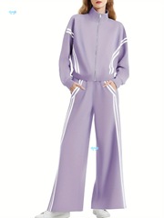 Women's 2 Piece Outfits Zip Up Sweatshirt Contrast Striped