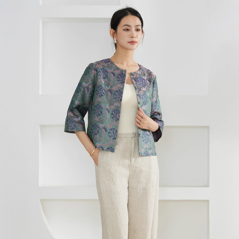 Song Brocade Jacquard Silk Top for Women, 100% Mulberry Silk, Round Neck, Three-Quarter Sleeve, Loose Cardigan for Spring