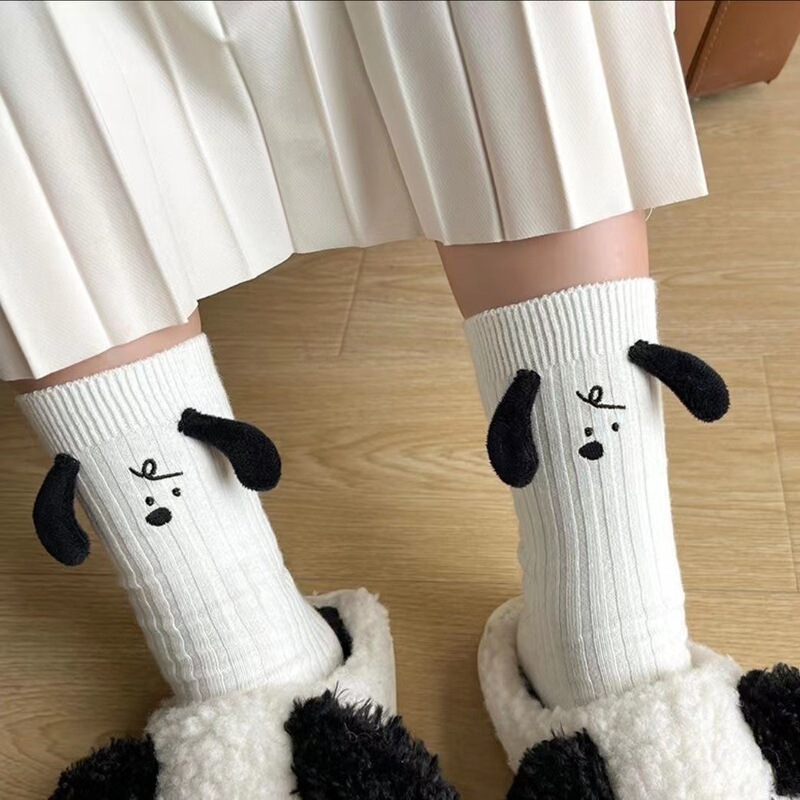 Three-dimensional Doll Socks Women's Spring and Summer Japanese Black Ears Puppy Mid-tube Stockings Vertical Stripe All-match Piled Stockings Women's