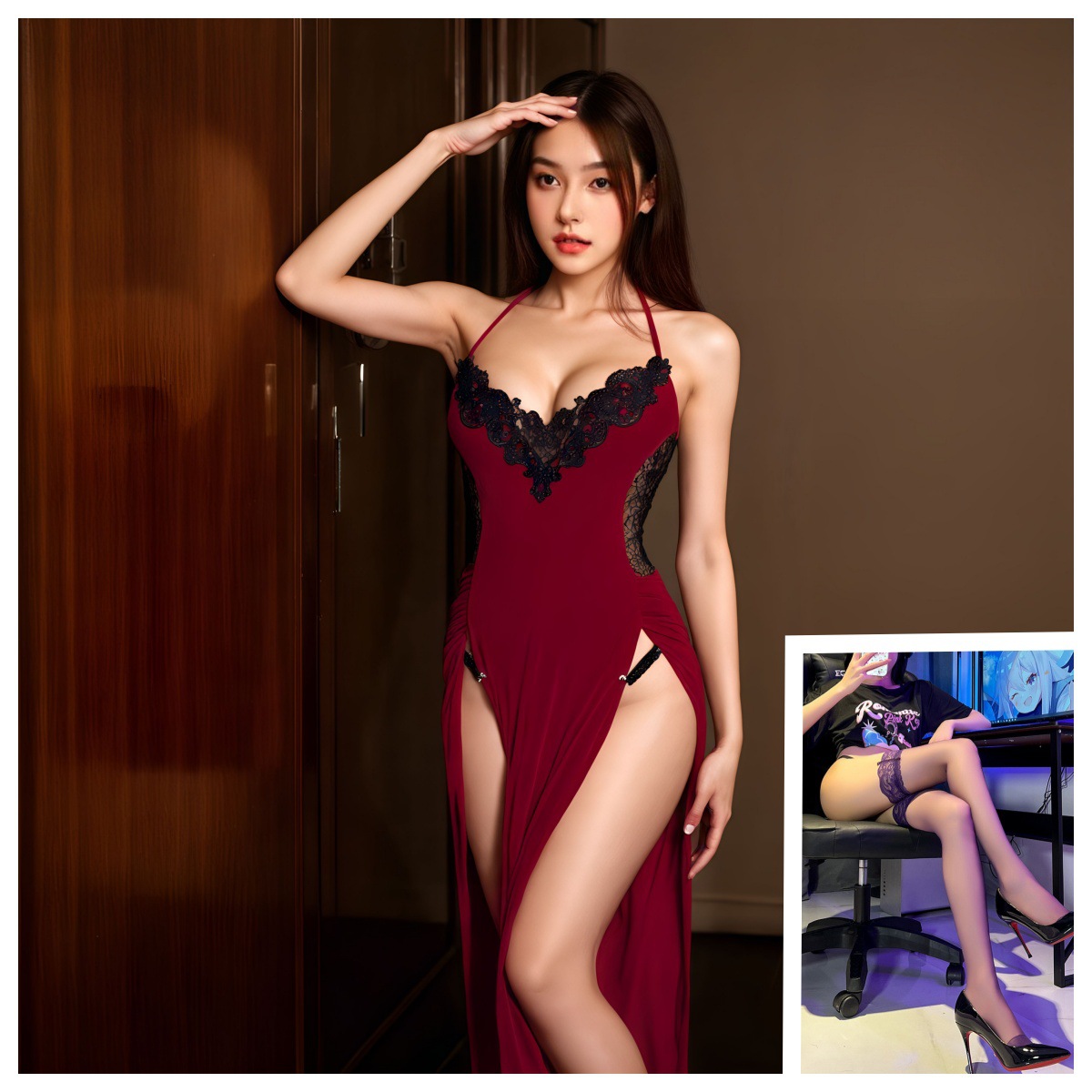 버건디[치파오+속옷]+블랙스타킹