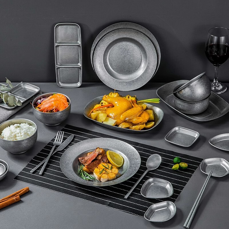 Stainless Steel Korean-Style Dinnerware Set, Tableware, Bowls and Plates, Metal Retro Industrial Style Creative Plates for Restaurant Commercial Use