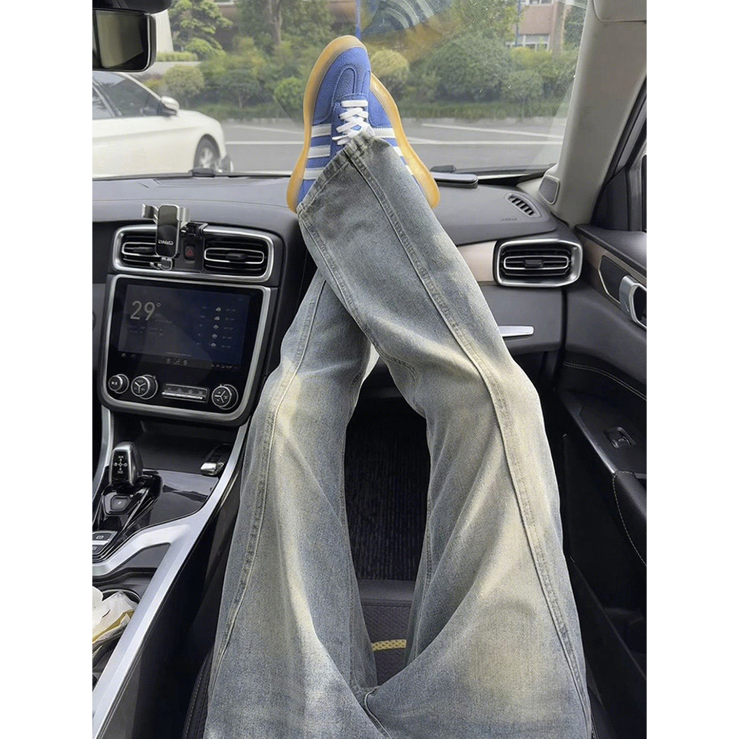 美式复古斜切弯刀牛仔裤男秋季修身显瘦微喇裤子高街vibe直筒裤