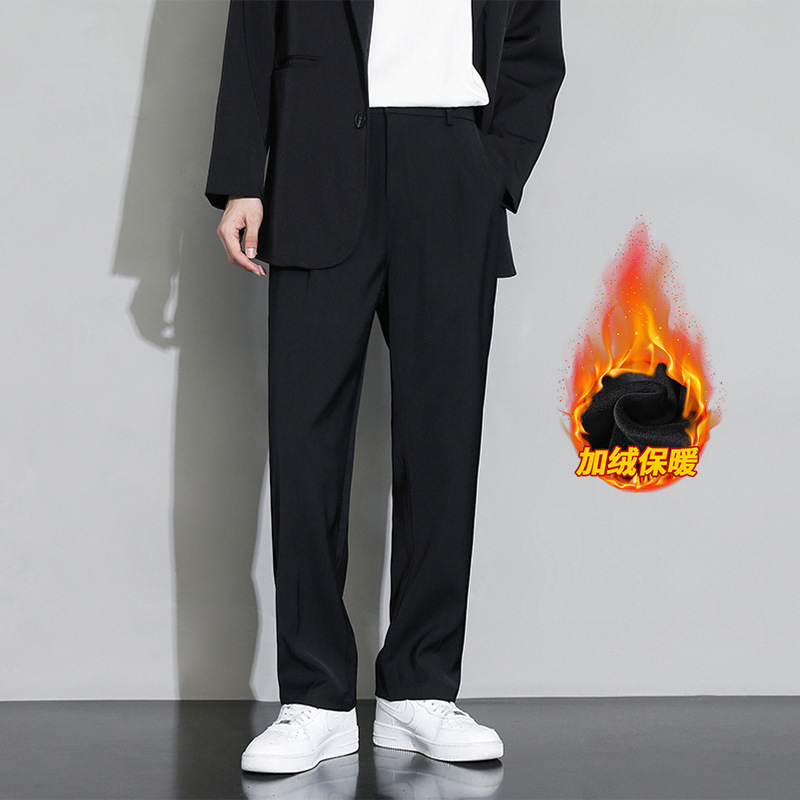 Pantalones de invierno recto y pantalones casuales de lana para hombres. Pantalones de traje negro de piernas anchas. image 6