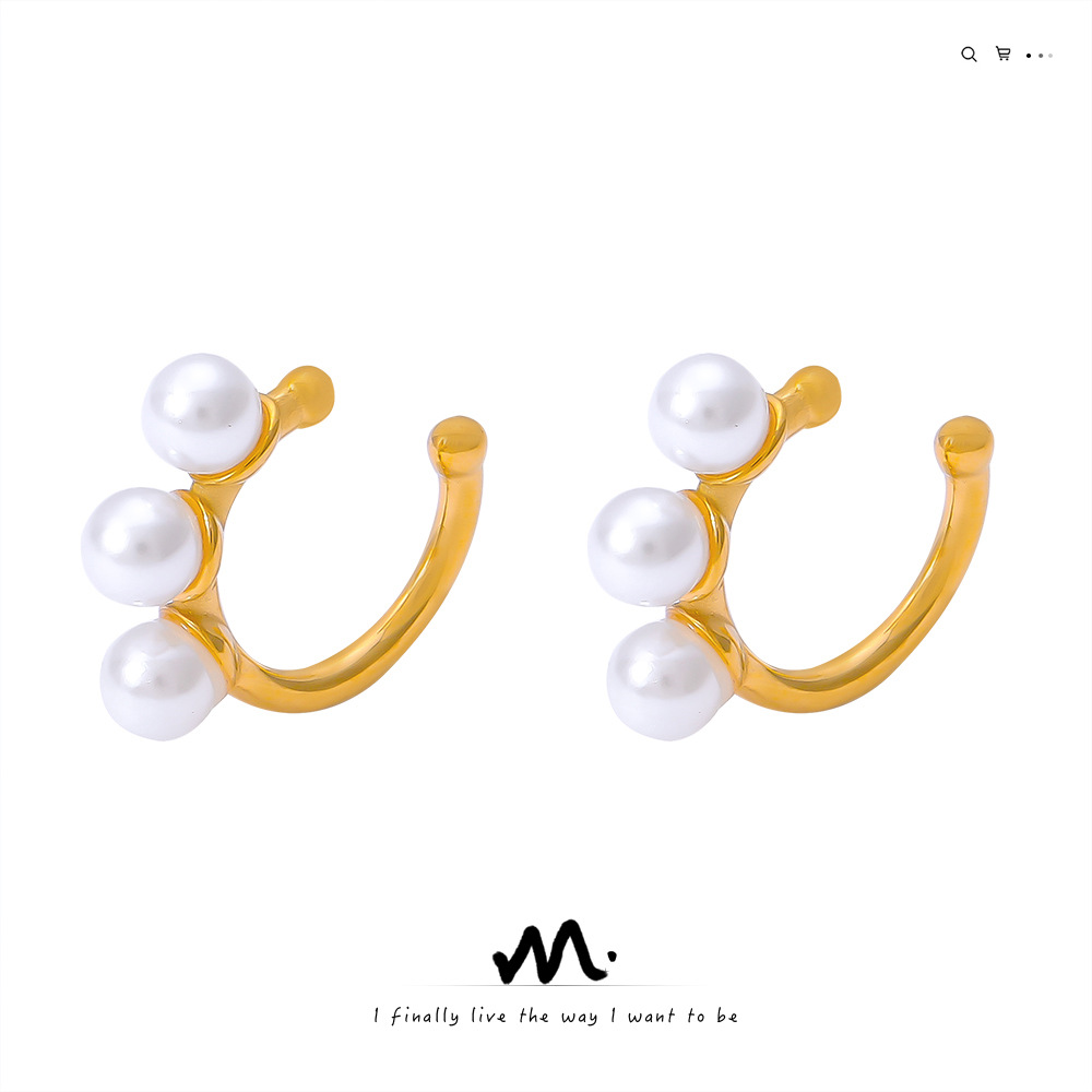 赫本风优雅简约气质个性饰品几何镶嵌贝珠设计感钛钢镀金U型耳夹