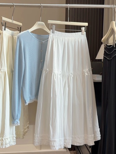 Bow tie white cake skirt with fungus edge for women 2026 spring new style a-line loose slimming mid-length dress