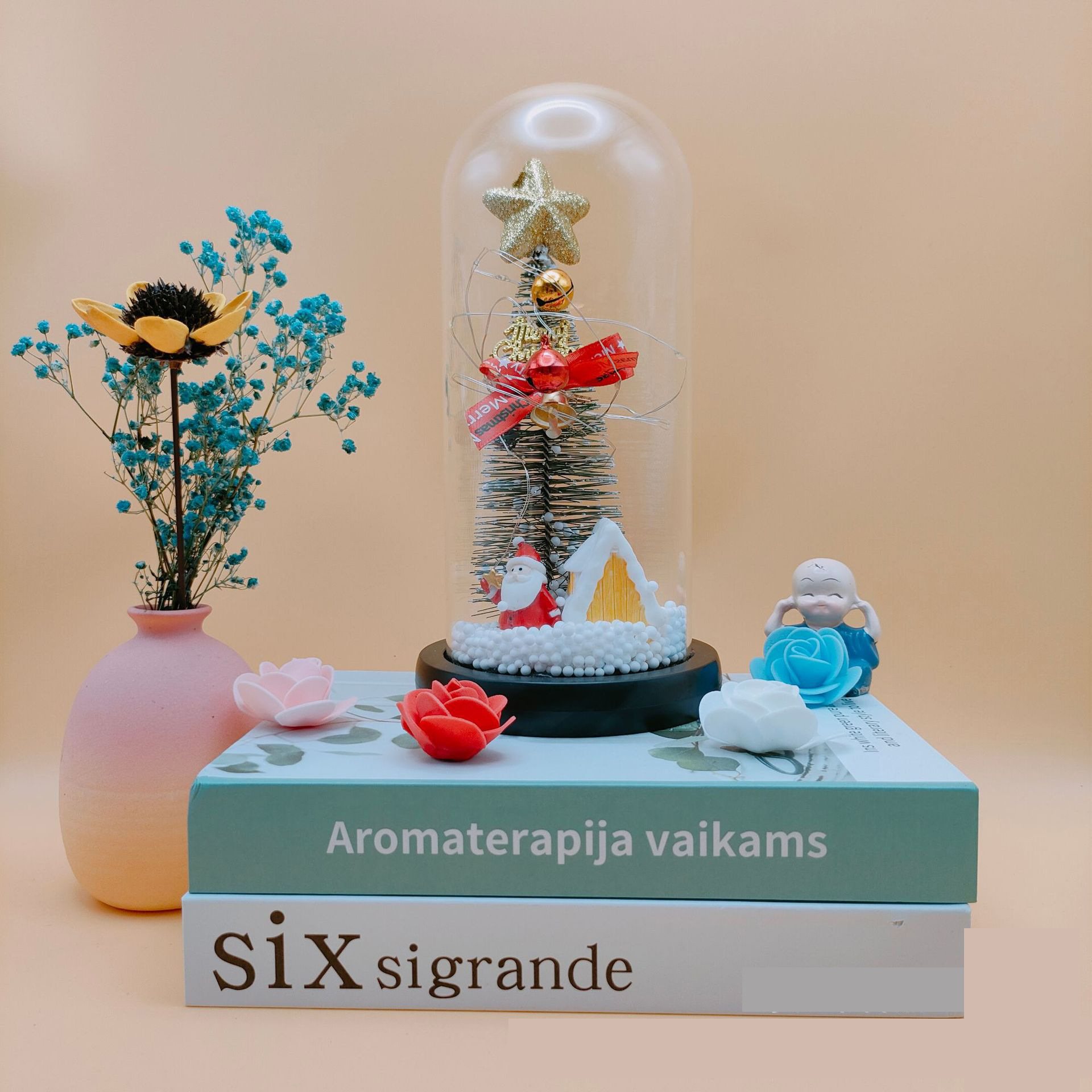 Lámpara de cristal con flores preservadas, rosa artificial brillante, árbol de Navidad, día de San Valentín, Papá Noel, reno, adorno navideño creativo