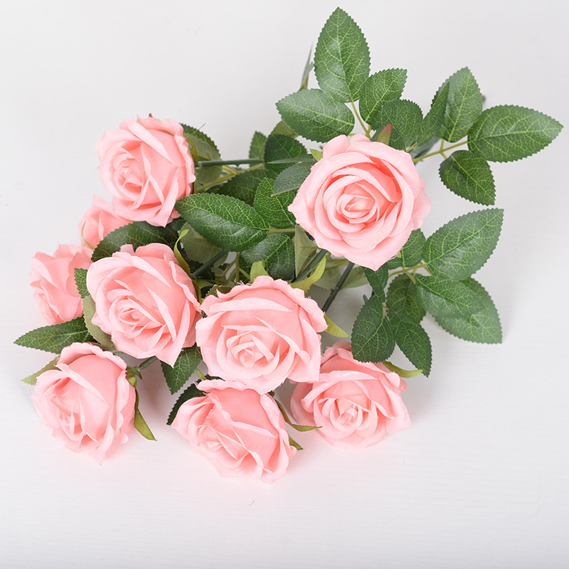 9-cabeza Rosa flor artificial ramo hogar Decoración de la boda Rosa artificial pequeña venta al por mayor de París