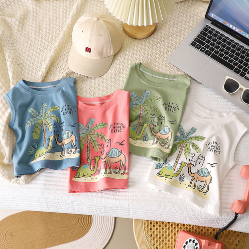 Boys 'pure cotton vest summer children simple loose sleeveless T-shirt hot stamping top outer wear T-shirt manufacturer