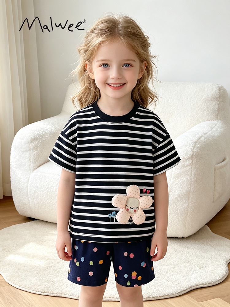 Malwee transfronterizo nuevo conjunto de ropa infantil, rayas suaves y cómodas para niños pequeños y medianos, set de dos piezas de ocio de verano