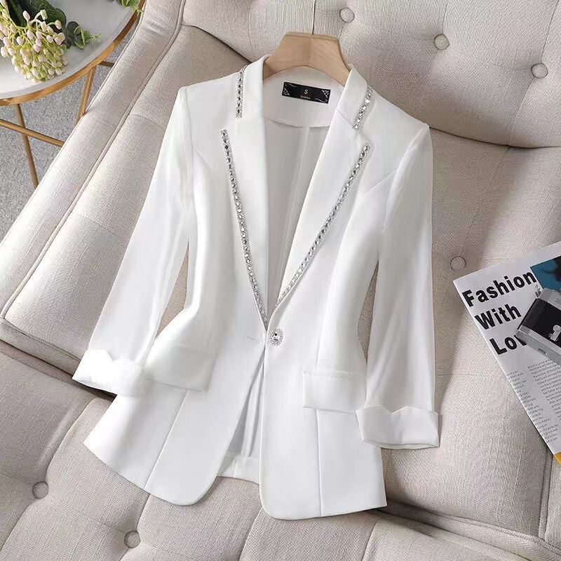 Spring and summer 2023 new diamond-encrusted suit seven-sleeve high-end small coat design niche fashion casual suit women