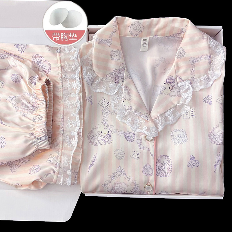Ice Silk Pajamas with Breast Pads for Women, Summer Cartoon Cute Cat Home Clothes, Sweet Girl Outerwear Set