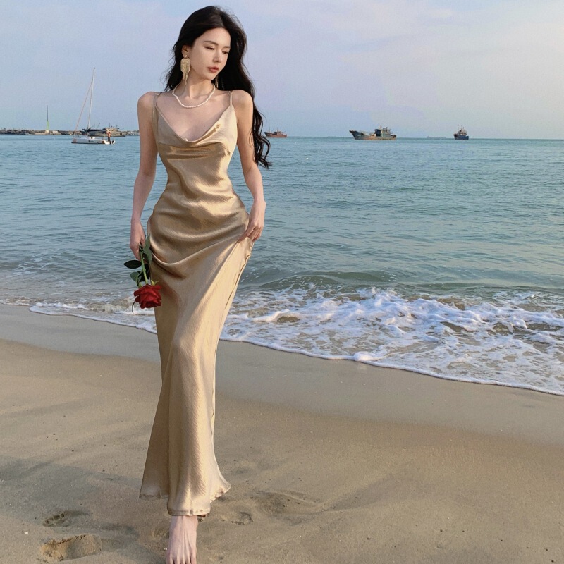 Island-Style Sexy Long Champagne-Colored Satin Acetate Draped Collar Luminous Dress with Straps for Vacation Island-Style Sexy Long Champagne-Colored Satin Acetate Draped Collar Luminous Dress with Straps for Vacation