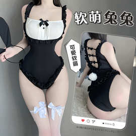新款情趣内衣纯欲性感俏皮兔女郎暗扣开档免脱连体衣制服套装8215
