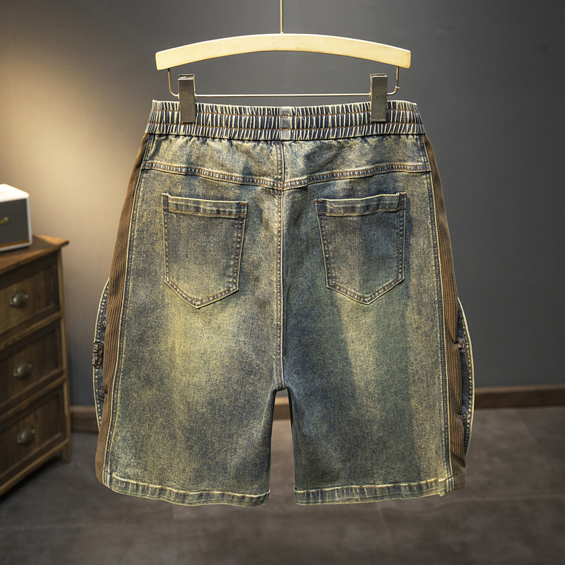 Europa y América pantalones cortos de color mezclado de jeans para hombres de verano nuevo botón empalmado cintura elástica cinco pantalones delgados medio caballo