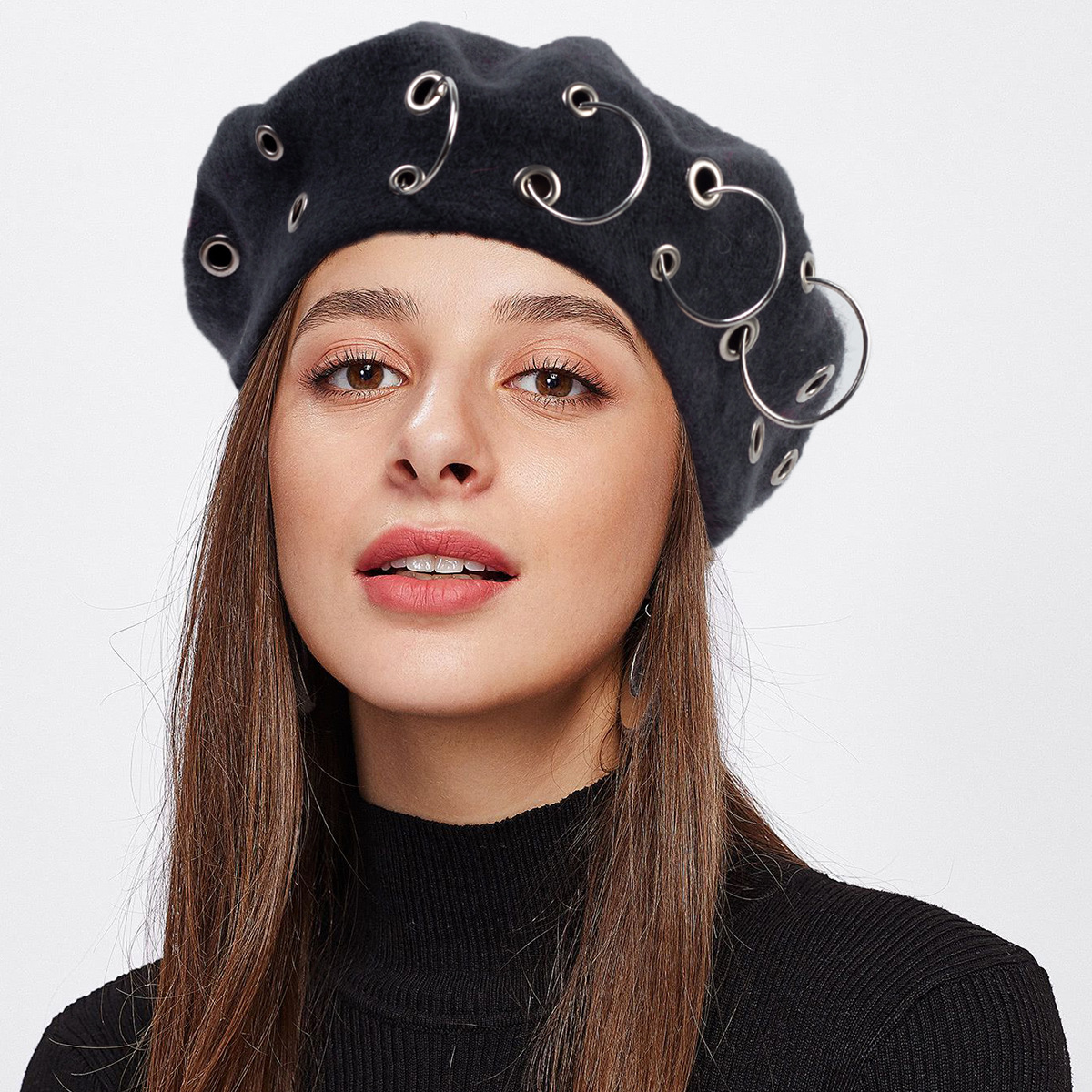 Solid Color Pattern Autumn Season Women's Retro Punk Streetwear Solid Color Metal Eaveless Beret Hat