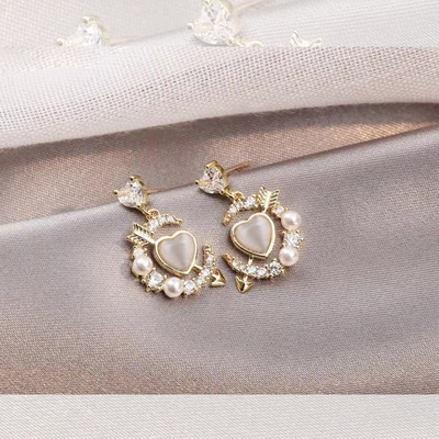 新款S925银针爱心丘比特之箭高级设计感耳环珍珠猫眼石甜美耳钉女