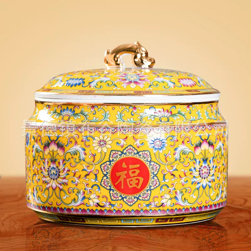 景德镇中式家用茶叶罐珐琅彩金边白瓷储物罐陶瓷密封罐大号茶饼罐