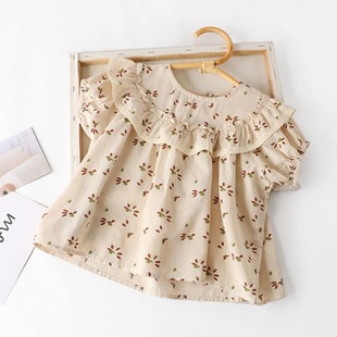 Girls Doll Shirt Summer New Kidsren's Short-Sleeved Shirt Floral Shirt Pure Cotton Baby Puff Sleeve Top Thin Section