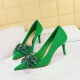 18249-AH27 European and American style banquet high heels, light luxury women's shoes, satin shallow mouth pointed bow high heels, single shoes