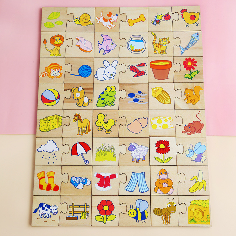Wooden Animal matching game children's cognitive puzzle card Chinese character matching puzzle early education educational wooden toys
