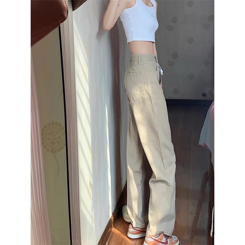 卡其色高腰直筒牛仔裤女潮流百搭美式遮肉显瘦宽松简约阔腿长裤子|undefined