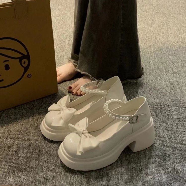 批发玛丽珍鞋女2025春季新款时尚蝴蝶结粗跟高跟圆头复古甜美单鞋