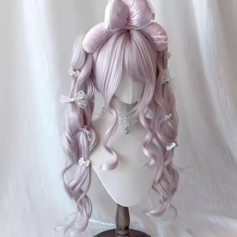 假发女古早姬系Lolita虎口夹双马尾淡粉色doll感洛丽塔日常全头套|undefined