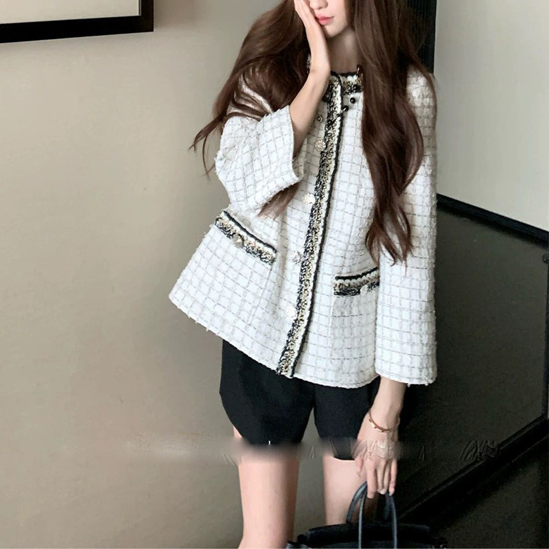 秋季新款妙龄小富婆名媛格子小香风短外套女粗花呢编织气质上衣潮|undefined