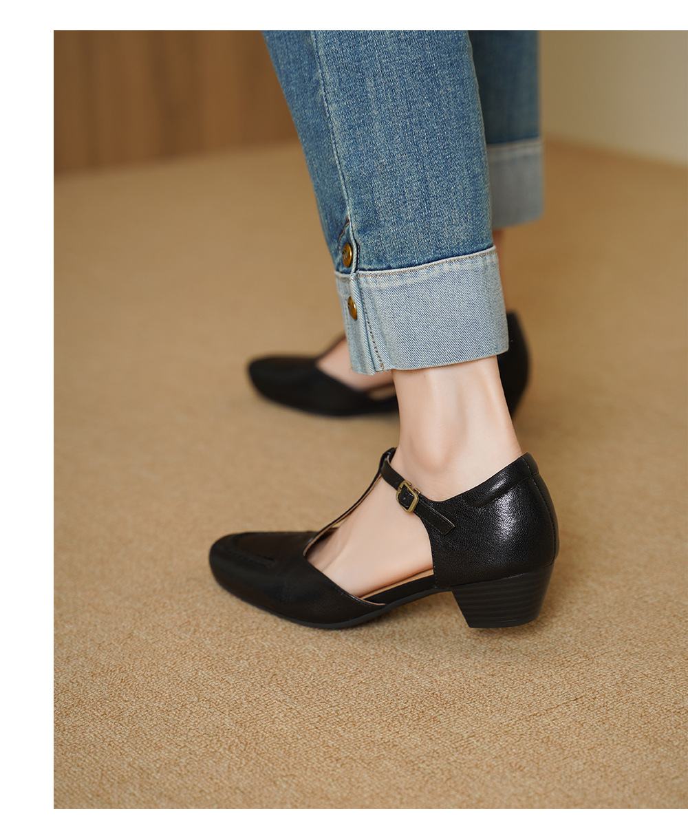 Sandal nữ cao gót mũi nhọn quai chữ T da cừu, gót 5 cm — đen chi tiết 9