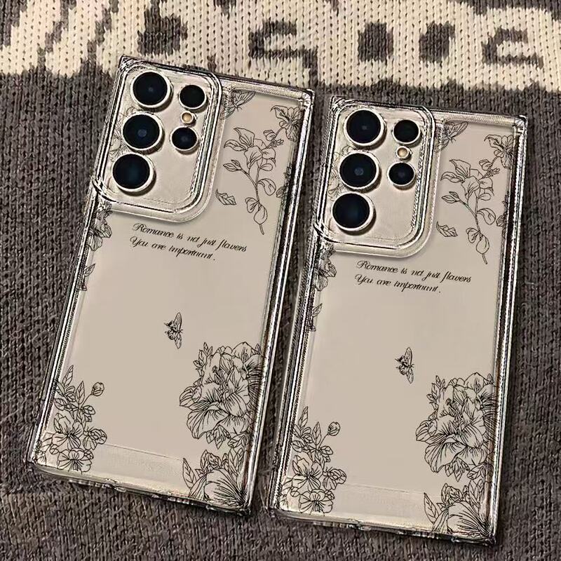 English Tea Flower Design Case Suitable for Samsung S24 Ultra, New Model for S23 Ultra, Transparent S23 Fe, S22U, European and American Style