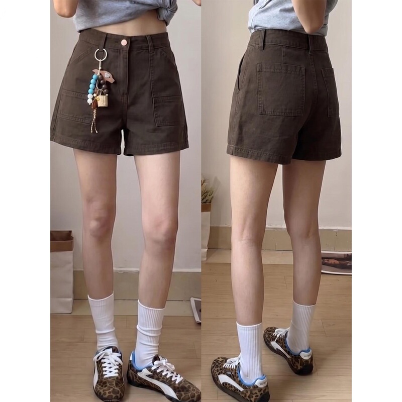 American Retro Brown Coffee-Colored Workwear Denim Shorts for Women, New Summer Style, High-Waisted A-Line Hot Pants That Don'T Show the Butt American Retro Brown Coffee-Colored Workwear Denim Shorts for Women, New Summer Style, High-Waisted A-Line Hot Pants That Don'T Show the Butt