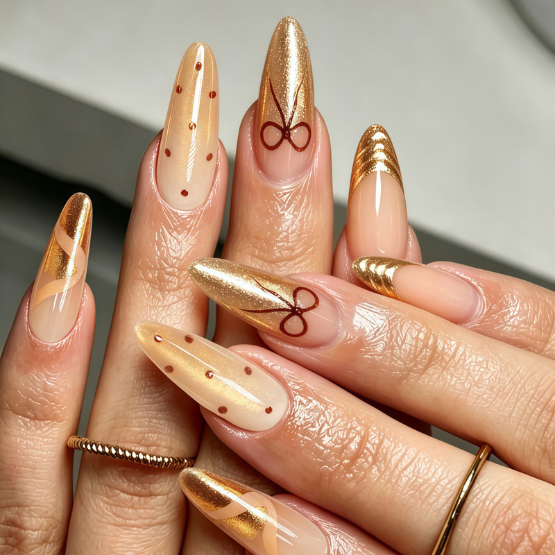 Retro Melard gold-plated polka dot bowknot nail art, fashionable gradient nail polish, and pure desire-style wearable nails Retro Melard gold-plated polka dot bowknot nail art, fashionable gradient nail polish, and pure desire-style wearable nails