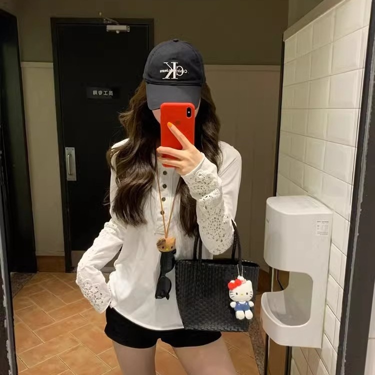 【テンセルリネン】韓国シック中空長袖ブラウスTシャツボトムスレディース新作ゆったりレーストップス|undefined