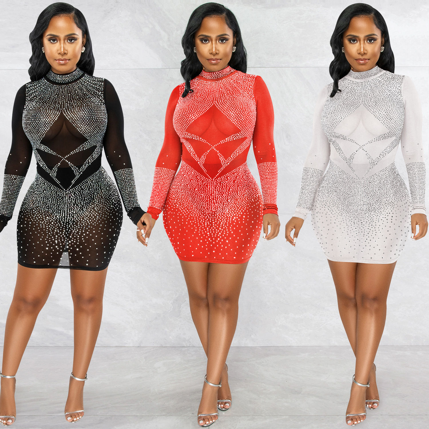 C5693 europeo y americano nuevo AliExpress Amazon moda mujeres sexy apretado rhinestone malla perspectiva vestido