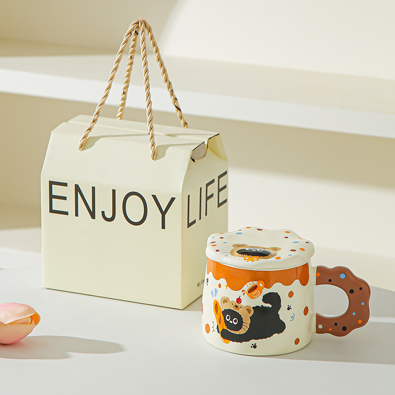 Con cubierta encantador conjunto de dibujos animados gato negro tazas de alto valor pareja tazas de cerámica tazas de agua marca regalo acompañante