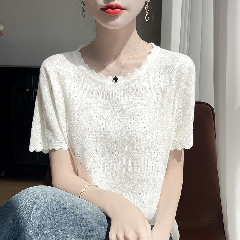Three-dimensional pattern thin short sleeve hollow knit women's thin T-shirt summer new wave collar texture top