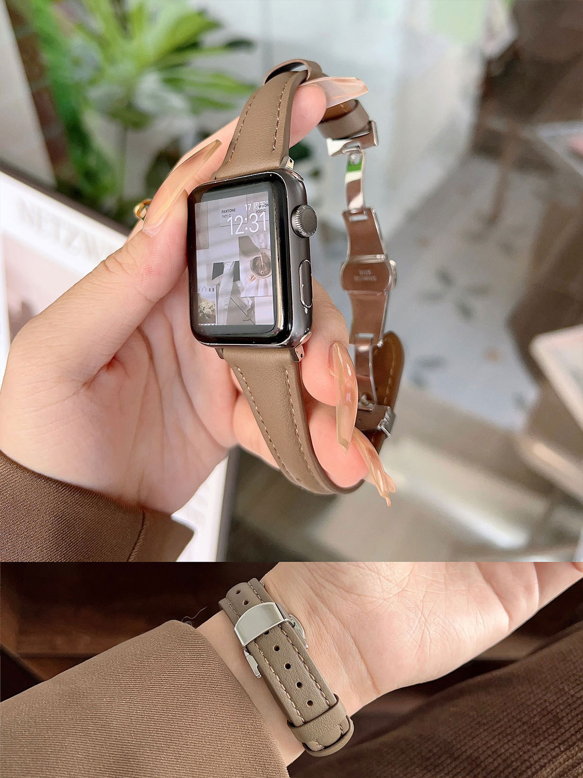 Nueva pequeña cintura adecuada para Apple Watch 8 Correa mariposa hebilla cuero fino watch765432 generación se
