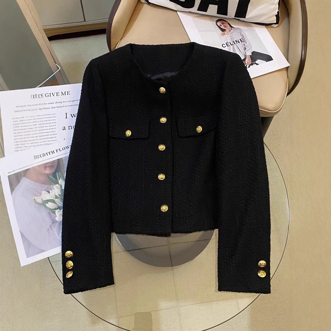 Black 2025 New Style High-End Round-Neck Chanel-Style Short Coat with Velvet Lining, Petite French Tweed Top