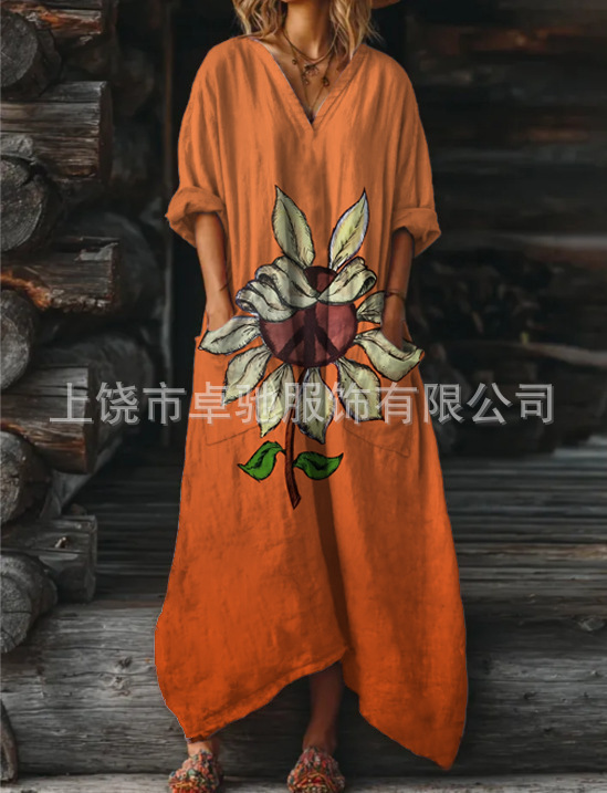 2025新款独立站女式复古花卉艺术图案印花口袋V领口袋连衣裙|undefined