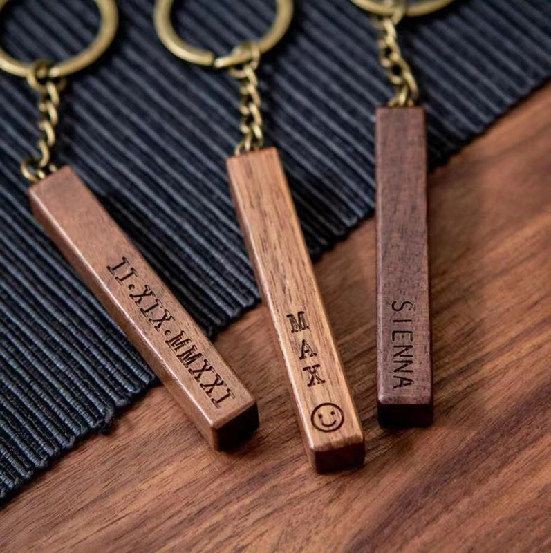 Solid Wood Custom-Made Rectangular Keychain Creative Long Rectangular Wooden Strip Beech Wood Key Ring Personalized Wooden Key Tag