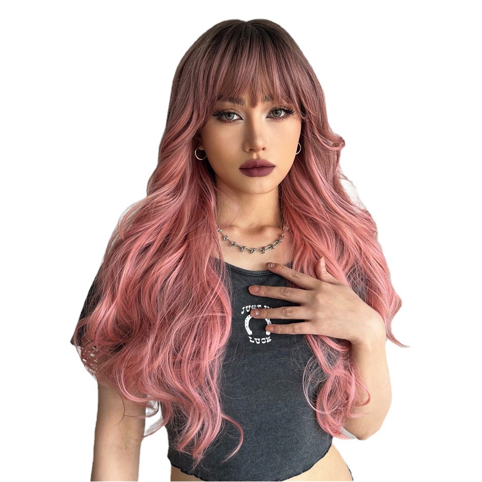 EMMOR Internet celebridad transfronteriza Venta caliente gradiente rosa de longitud media largo pelo rizado elegante europeo y americano fibra química peluca sombrero femenino