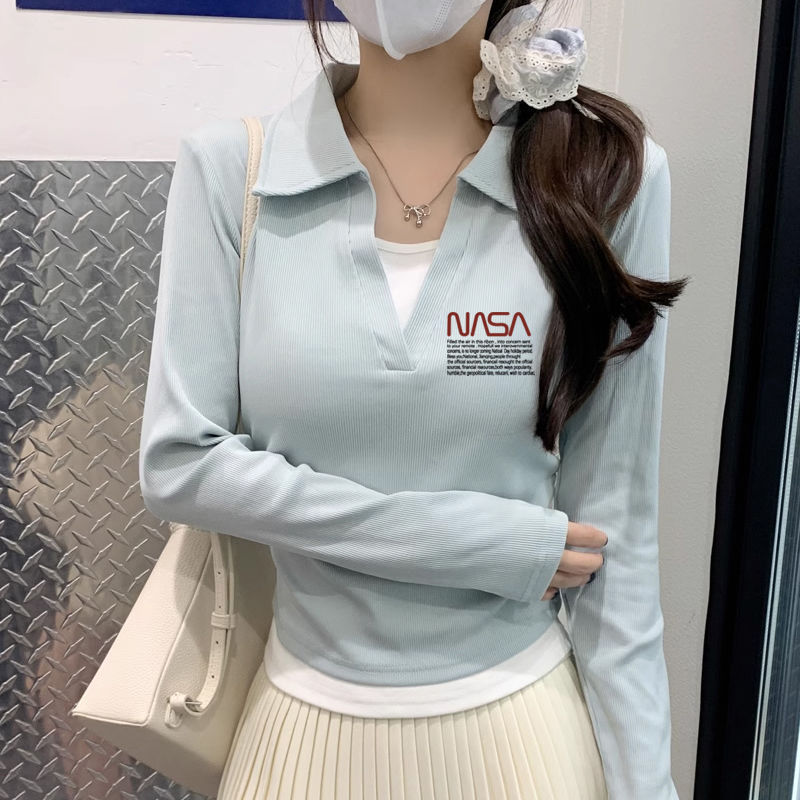 polo领长袖t恤女别致拼色印花秋季新款韩版修身假两件打底衫女ins|undefined