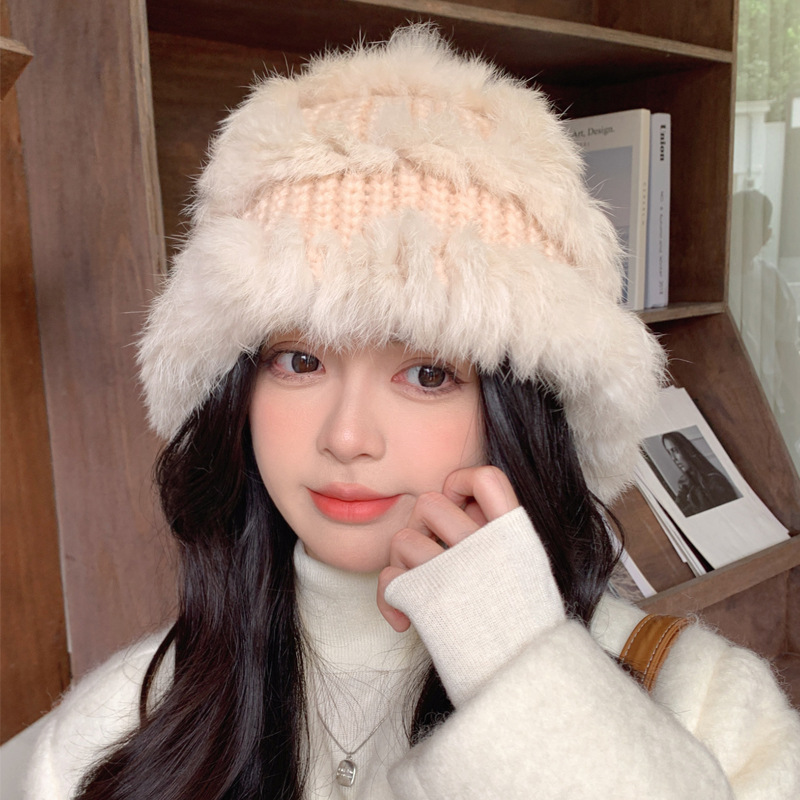 진짜 토끼 머리 니트 모자 여성의 가을과 겨울 방한 조커 어부 모자 플러시 양털 위로 덮인 얼굴 작은 따뜻한 양모 모자