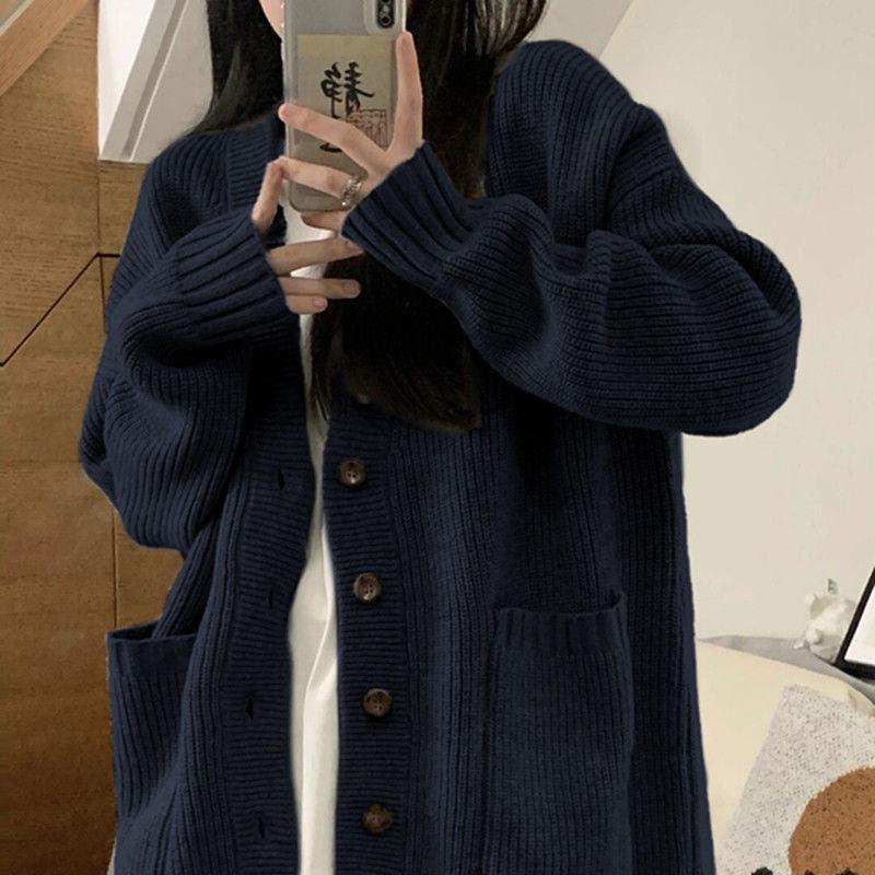 Japanese Retro Lazy Style Sweater Jacket for Women, Autumn New Navy Blue Knitted Cardigan Top Season Japanese Retro Lazy Style Sweater Jacket for Women, Autumn New Navy Blue Knitted Cardigan Top Season