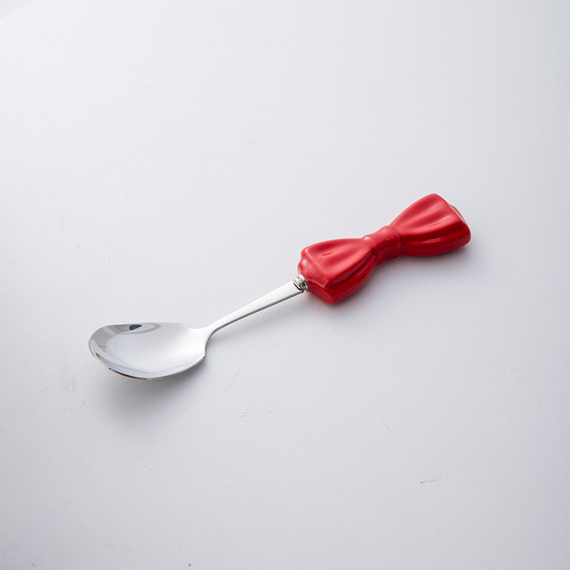 Ins Style Large Bowknot Creative Ceramic Handle 304 Stainless Steel Knife High Appearance Fork Dessert Spoon_voghion.com